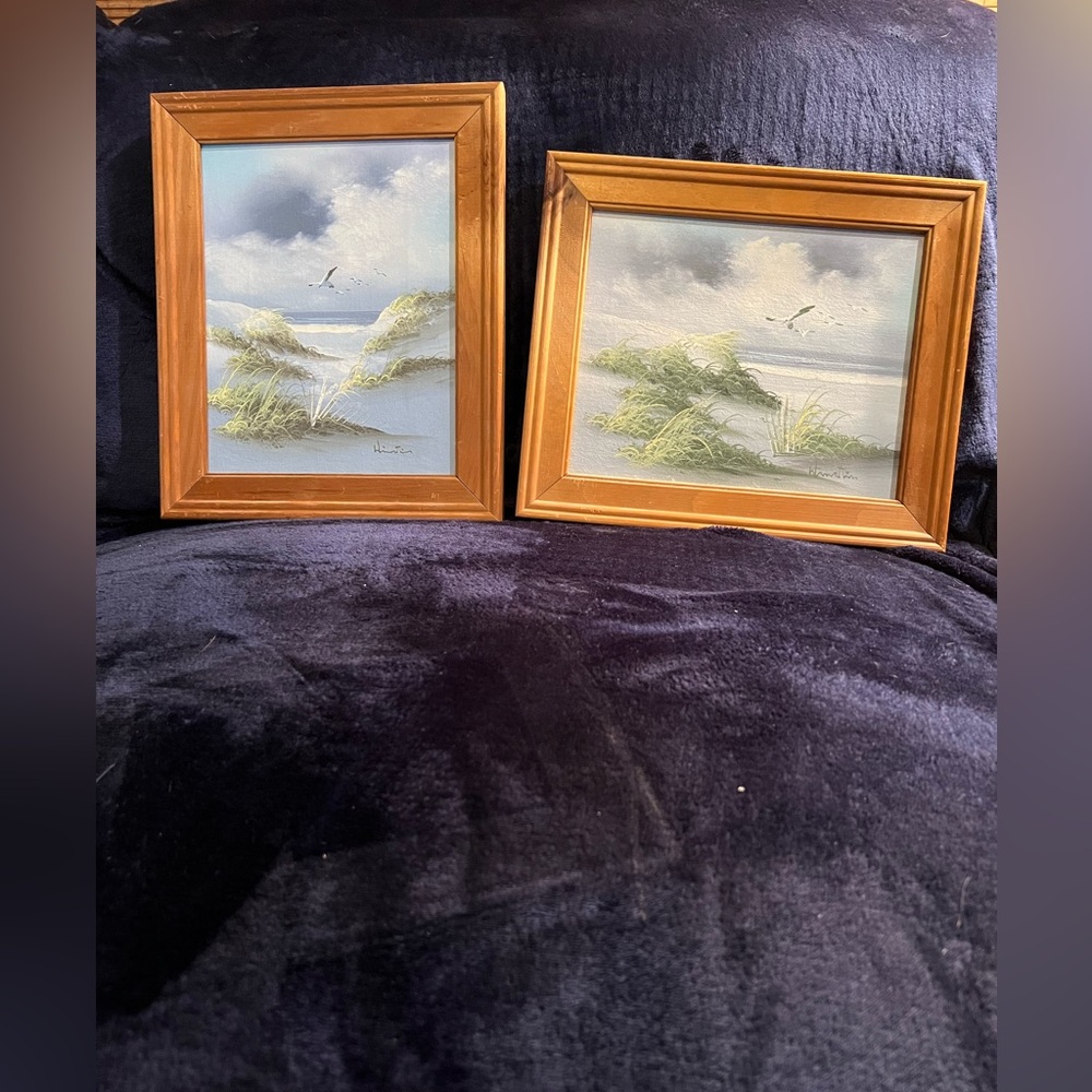 2 ocean beach dunes wood framed signed art paintings pictures
